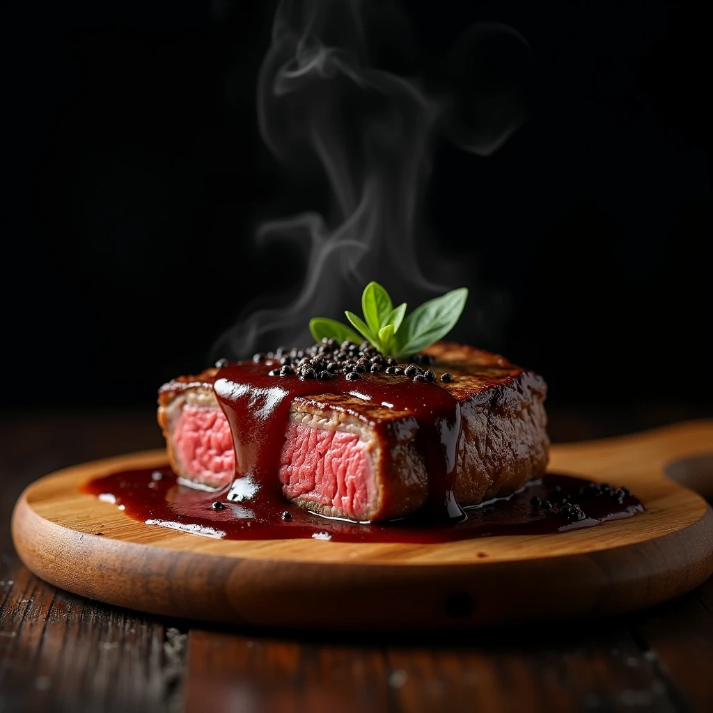 Steak recipe clean picture realistic food, steaming hot, peppercorn sauce on top of the steak and dripping off the side of the steak, on rustic wood floor, placed on a dark background, medium contrast
