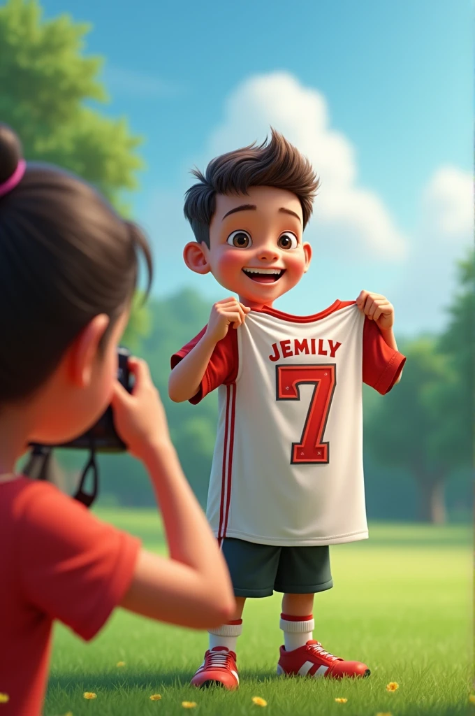 Boy posing with his shirt with number 7 and name jemily while a girl takes a photo of him