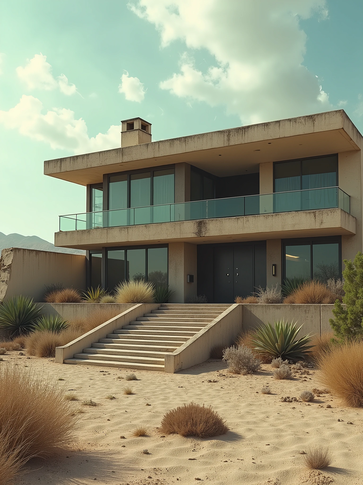 prompt: Use this description to create a clear close-up image of the house: cinematic and realistic, upscale, UHD, 4K image with a 9:16 aspect ratio. The scene depicts a beautiful house that once embodied modern architectural design with touches of elegance and luxury, but now appears abandoned and deteriorated due to the harsh desert environment and weather. The house is situated in a vast desert landscape under a partially cloudy sky. It is a two-story structure with a facade that was once clean and simple, consisting of straight lines and flat surfaces, built with materials like concrete, glass, and stone, which once gave it a modern and elegant appearance. The main entrance, which used to feature a lit staircase leading to a grand and welcoming door, now appears deteriorated, with old, broken, or non-functional exterior lights lining the steps and surrounding garden, which has become neglected and overrun by wild plants. The large upper-floor windows, which once allowed natural light to flood into the house, are now covered in dust and possibly broken, obscuring the clear views of the outside. The surrounding concrete walls, which once provided privacy, have become eroded and crumbled in some places, adding to the abandoned character of the building