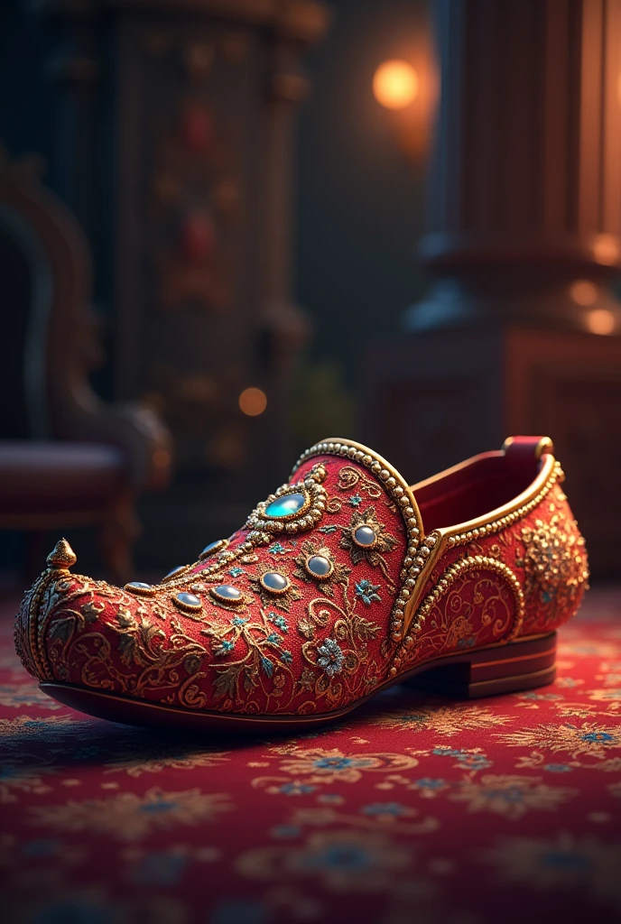 a detailed illustration of an ornate, intricate indian shoe, a khussa, highly detailed, ultra-realistic, photorealistic, 8k, high quality, elegant, graceful, masterpiece, beautiful folds and textures, ornate embroidery, shimmering jewels, opulent, luxurious, rich colors, dramatic lighting, moody atmosphere