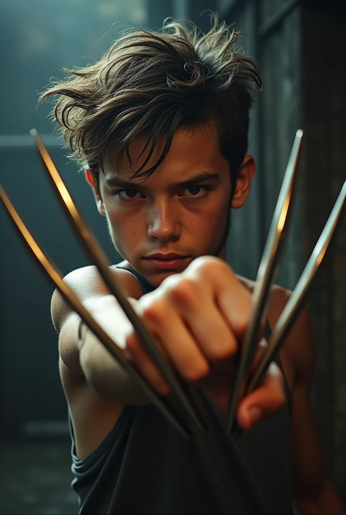 Teenage boy with Logan style hair in fighting pose with 3 metal claws coming out of his fist