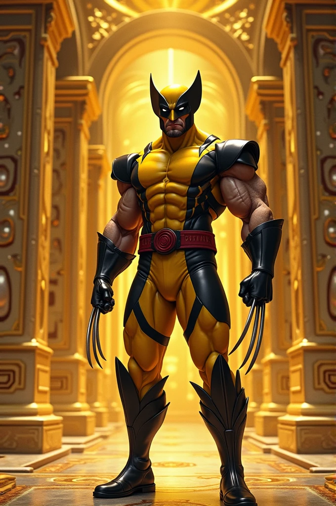 Wolverine in golden temple in yellow marvel suit