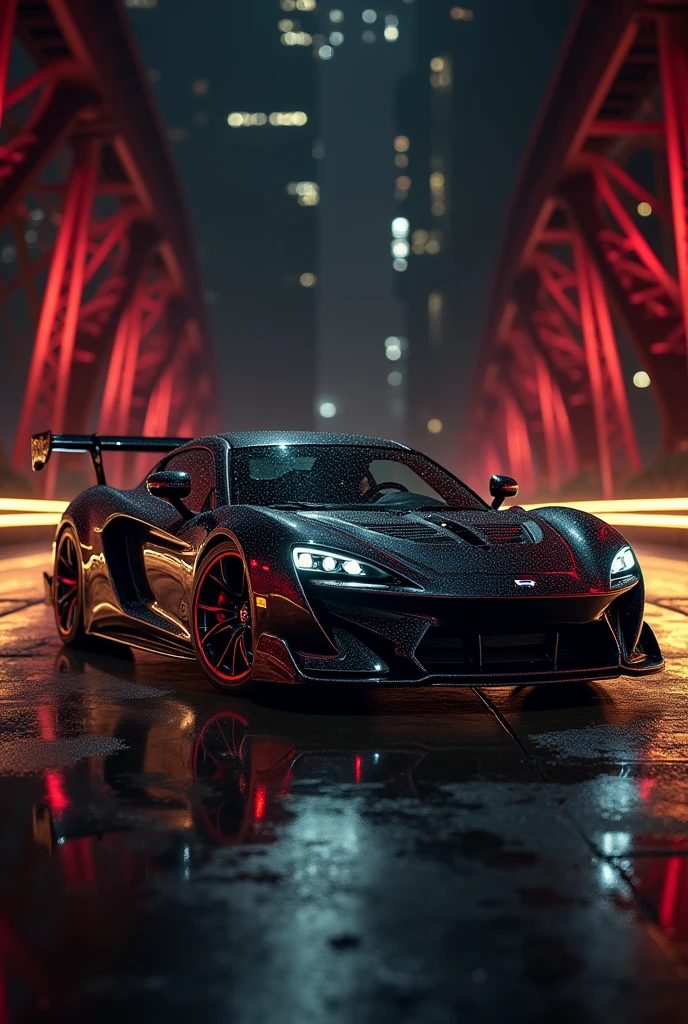 Scorpio car with black and red colour with black and white alloys with fully modified standing in bridge with black and golden lights