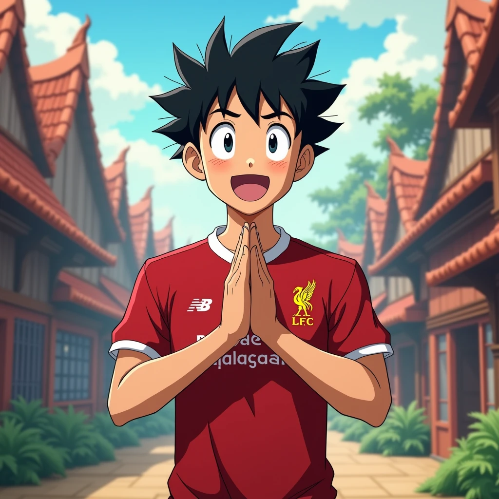 Handsome young man smiling in Toriyama Akira style, bowing like a Thai person and wearing a Liverpool shirt, standing in a cartoon style. High-quality dynamic photos, detailed and colorful. Realistic and colorful poses.