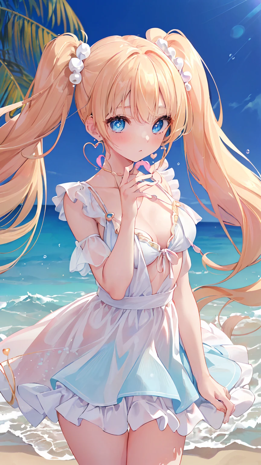 {((anime, Op art, depth of field, motion blur, glowing light, UHD, retina, masterpiece, ccurate, anatomically correct, textured skin, super detail, high details, high quality, award winning, best quality, highres, 16k))} . | {((one_girl, small_pigtails_hairstyle, golden_hair_color; blue_ocean_eye_color, random_pupils, big_breast, joyful))} . | {((model_body, heart_earrings, beautiful_collars, beach, ocean_in_back, pink_pearls on ground, casual_cute_clothes ))} . {((wide angle, upper body, (perfect_fingers:1.0), (perfect_legs:1.0), better_hands, More_Detail))}