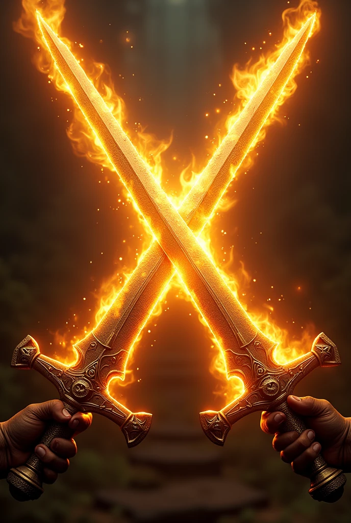 Two flaming golden swords crossed
