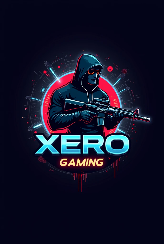 

**Logo Description:**
- **Central Figure:** A dynamic, stylized silhouette of a man holding an UMP (submachine gun) in the middle of the logo. The character should have a strong, confident pose, symbolizing power and focus.
- **Background:** A subtle gaming-themed background with elements like digital circuits, pixels, or a battlefield scene, with a gradient that transitions from dark to light, enhancing the figure's prominence.
- **Text:** The channel name "Xero Gaming" should be bold and modern, positioned either above or below the central figure. The font should be futuristic or tech-inspired, with a metallic or neon finish.
- **Color Scheme:** A combination of dark and vibrant colors—think black, dark blue, and electric green or red—to convey a sense of intensity and energy.

Make the characte a bit chartoonic and use red and blue neon light as background 