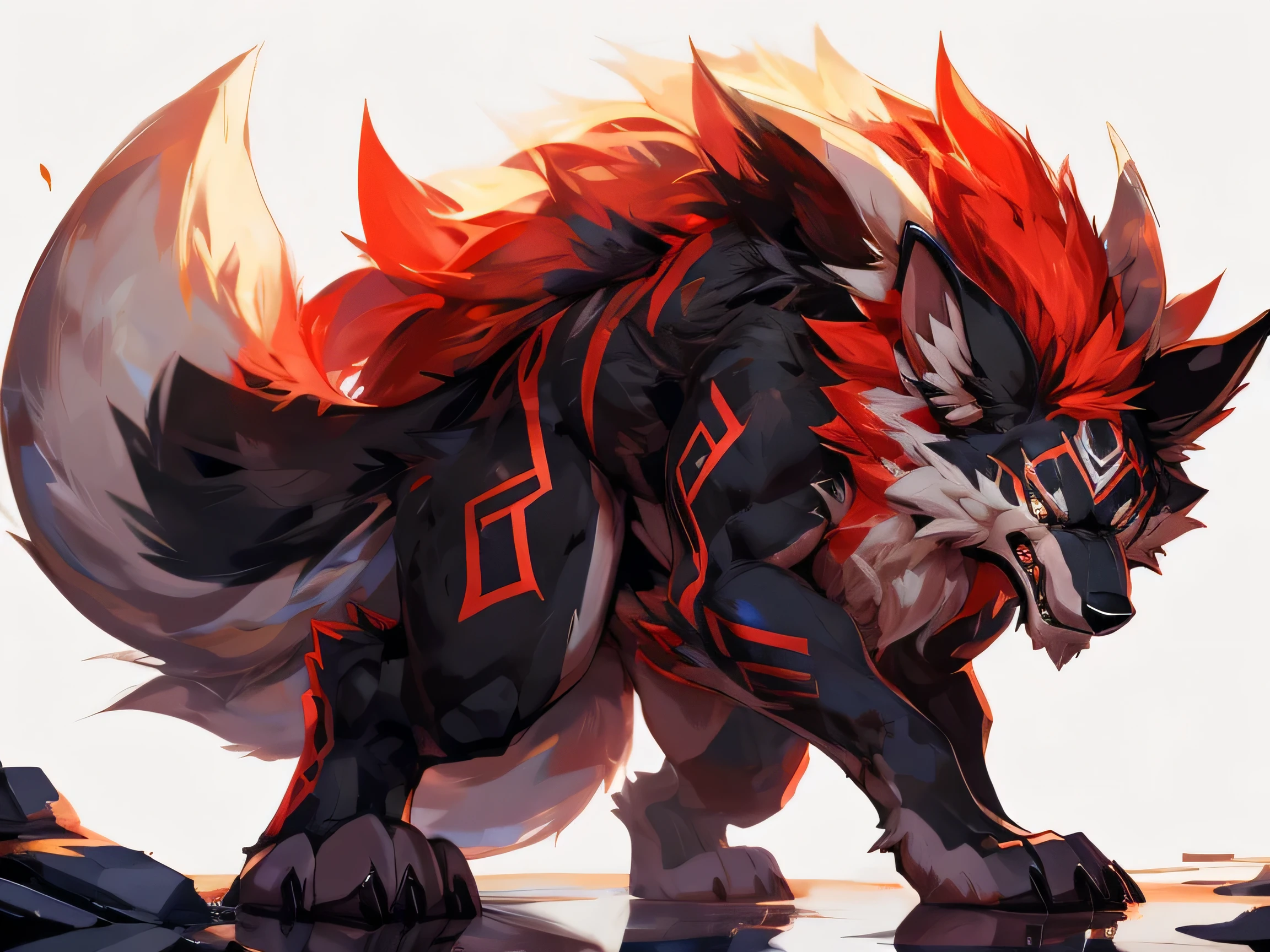4k ultra quality, 4k full body view,(ultra high detailed body), feral Ninetail,giant monster, looking down on viewer,anime coloring,by mystikfox61, detailed body,thick thigh,large thigh,thick legs,large legs,massive butt,enomorous thigh,massive thigh,massive legs,thick lower legs,wide legs,fluffy tail,big paws,furry paws,animal focus, standing,strong lower body,(ultra detailed face),detailed eyes,angry face, roaring,large fang,black fur,red mane,front view,macro, from below,reflective fur,white background