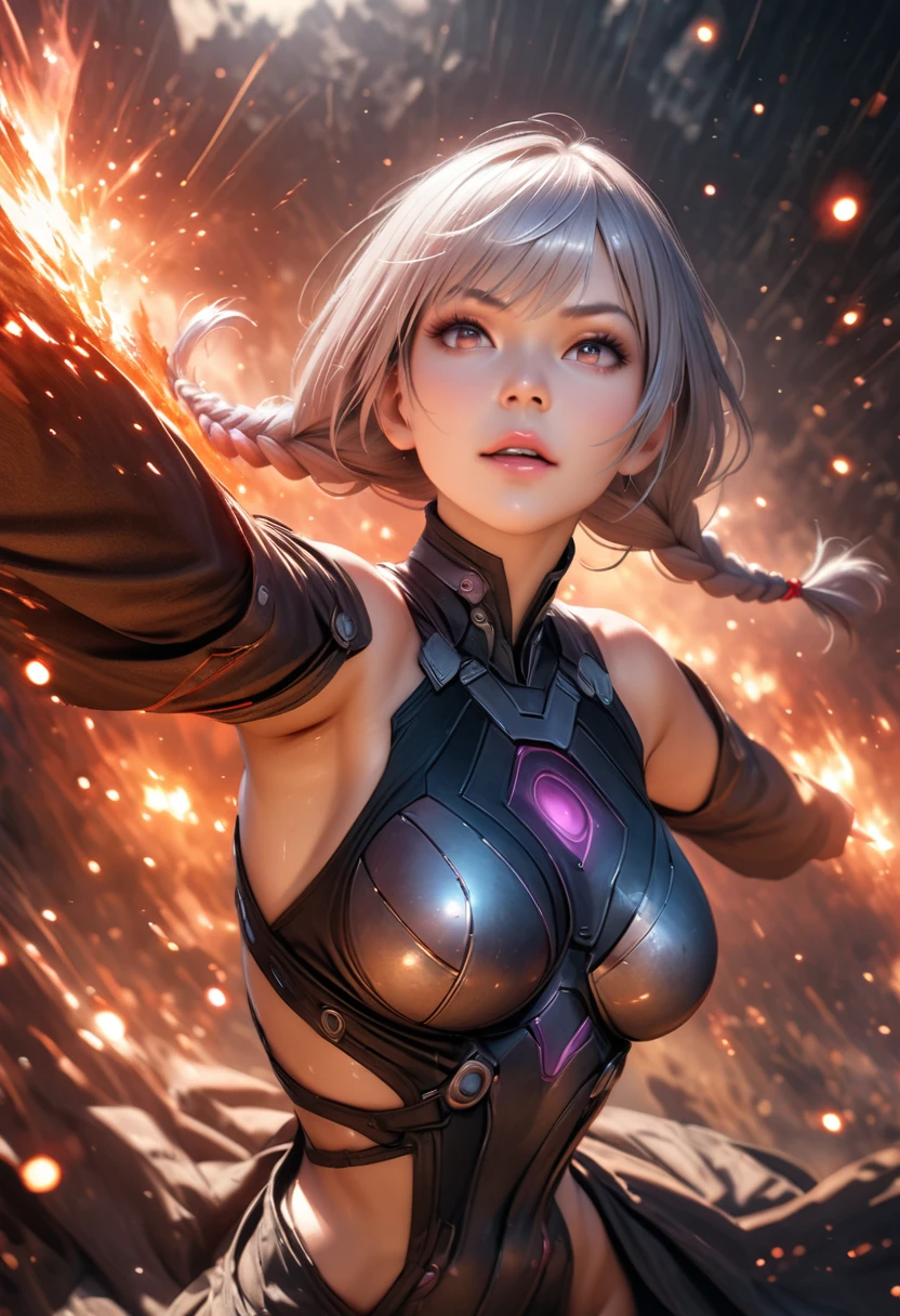 ((masterpiece, highest quality, Highest image quality, High resolution, photorealistic, Raw photo, 8K)), ((Extremely detailed CG unified 8k wallpaper)), (huge stunning goddess shot, very hot and sexy, jaw-dropping beauty, perfect proportions, beautiful body, slim body beauty:1.1),gorgeous detailed shot of a magnificent goddess, incredibly hot and sexy, astonishing beauty, perfect proportions, beautiful body, slim figure beauty:1.1, enigmatic girl, 2 girls, long silver hair, twin braids, gazing intensely at the camera in a dynamic pose, best quality,4k,8k,highres,masterpiece:1.2,ultra-detailed,realistic,photorealistic,photo-realistic:1.37,HDR,UHD,studio lighting,ultra-fine painting,sharp focus,physically-based rendering,extreme detail description,professional,vivid colors,bokeh,fantasy,surreal,cinematic,dramatic lighting