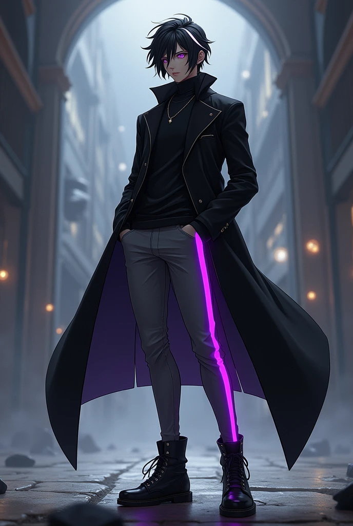 A sexy black skin anime male character Black hair with a white stripe on it wearing a bad ass long black coat and wearing long gray pants with purple glowing stripes and wearing boots