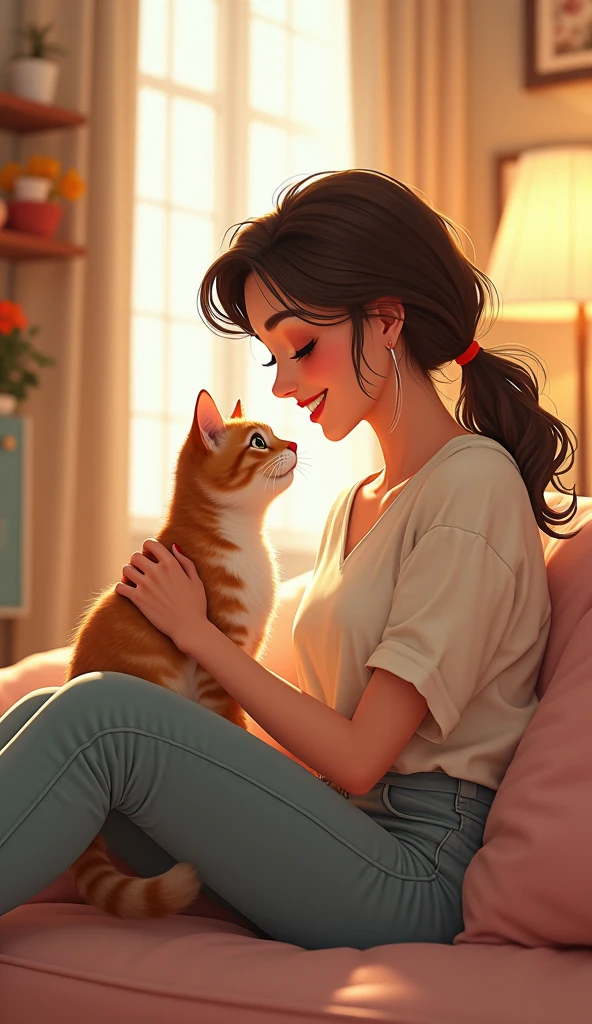 3d、Ultra HD、Side view、Digital Art、An illustration、A woman and a cat are smiling and looking happy at home