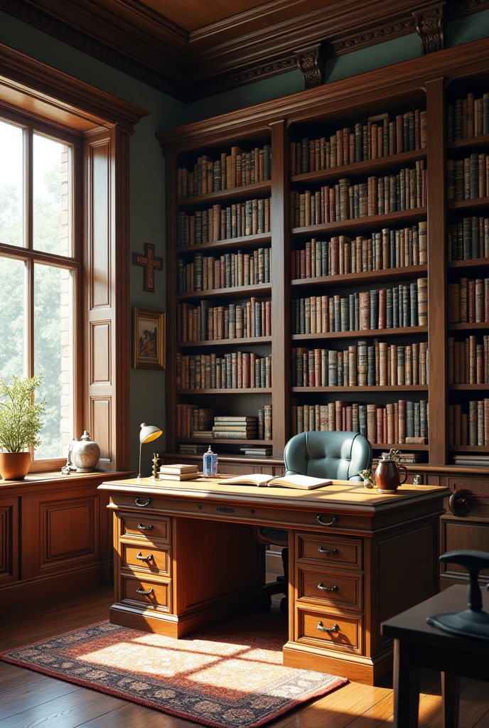 An office with shelves full of books and a desk.