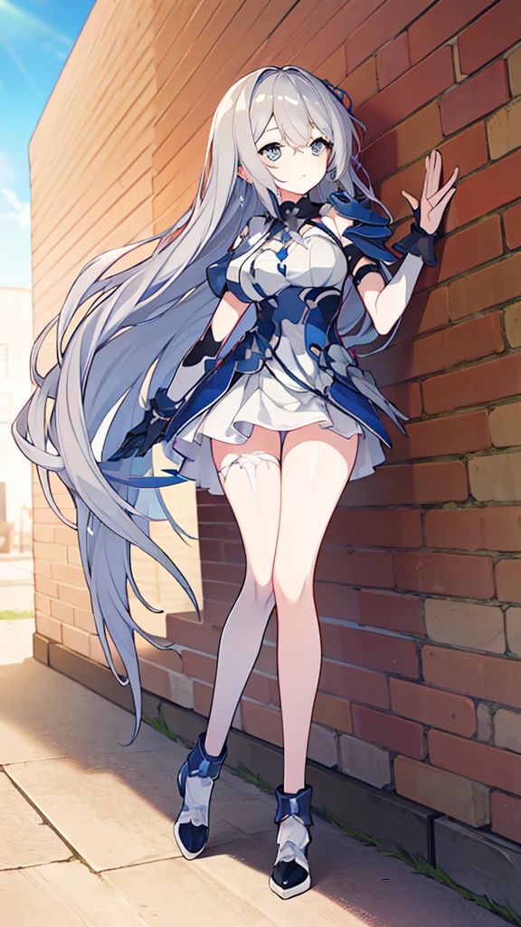 ((full body)),Teenage Girls in Anime, Blue and grey metal armor, Blue hand and thigh accessories, Short dark blue-gray hair, hair accessory, Grey Eyes, Silver earrings, nose, Curious, Healthy Skin, Very dirty, head, shoulder, Small box, arms, Have a map, Narrow waist, feet, Medium thighs, Has black robotic legs, cute, Bright colors on the shirt, Futuristic marble white palace, Shining light in the sky, Stand next to a wall, Cinematic Light, High resolution, Highest quality, Super detailed, Detailed face, (Detailed eyes), Highest quality, Super detailed, masterpiece, (Detailed face), Beautiful face, feetを見せて, Long Hair