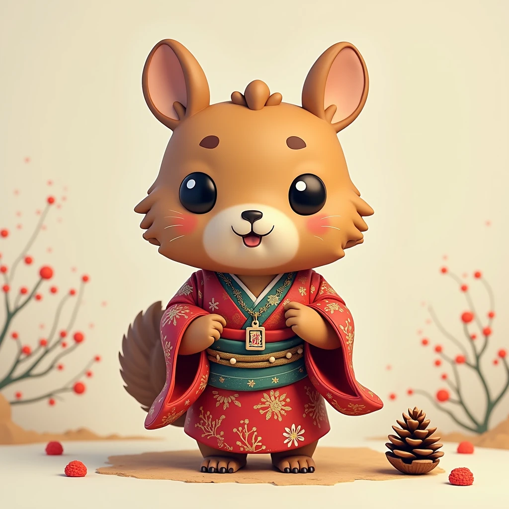 Capybara funko cartoon style disney pixar dressed as a geisha decorated with pine tree designs, around the neck a necklace with a pine cone in the center, lovely oriental eyes 