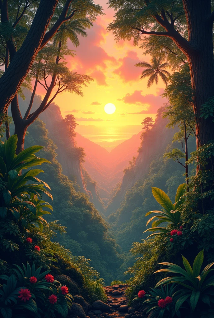 jungle background with a beautiful sunset, that its sun rays penetrate through the leaves and animals in every corner