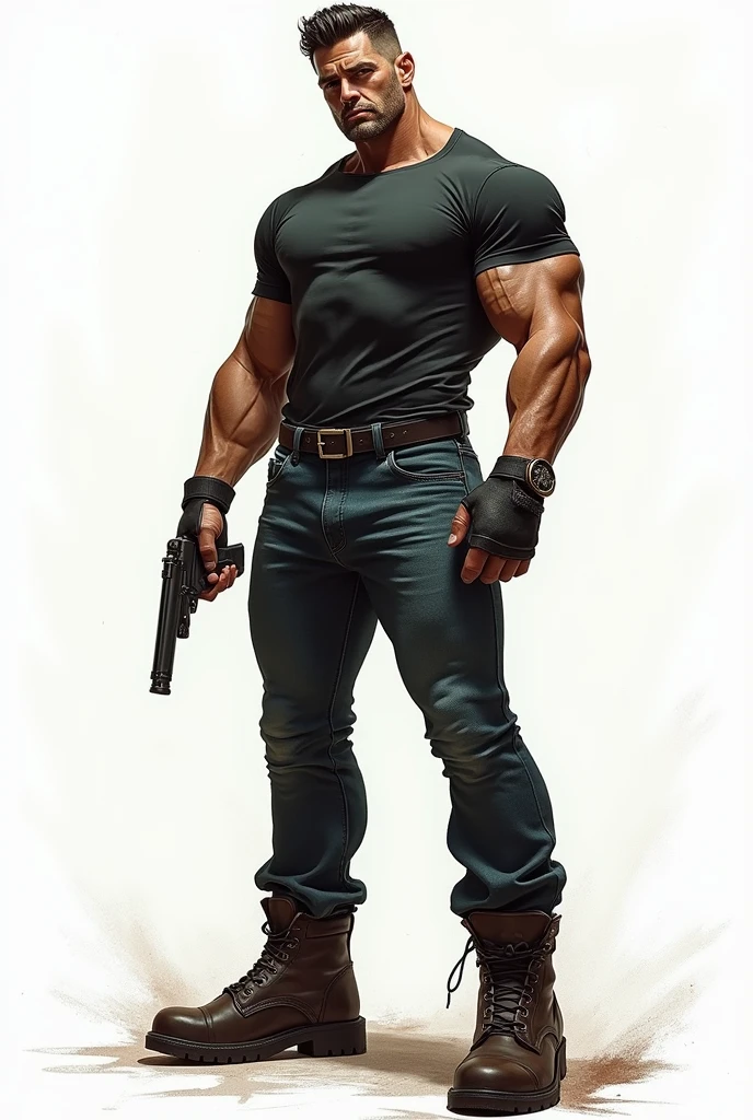 GTA STYLE，chumbo masculino，close-mid-side-shot, 3/4 pose, muscular, rough, tight t-shirt, jeans, boots, white background, retro artstyle，shadows and highlights，hight contrast，crime and danger、Tension and suspense、Reflections on the avant-garde and the low ebb、Shady、evocative composition。(Best quality at best,4K,8K,A high resolution,tmasterpiece:1.2),ultra - detailed,(actual,realisticlying,Photorealistic:1.37)