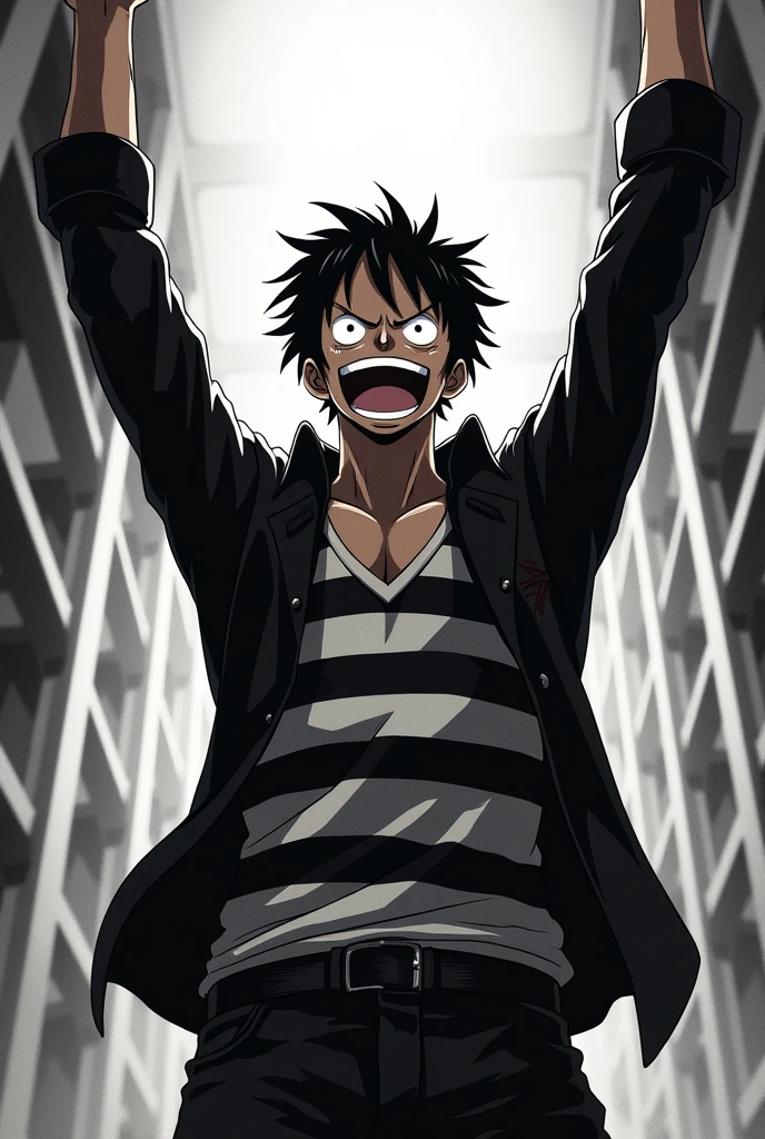 Monkey D. Luffy in a black and white striped long-sleeved prison uniform raising his two arms Original anime One Piece 