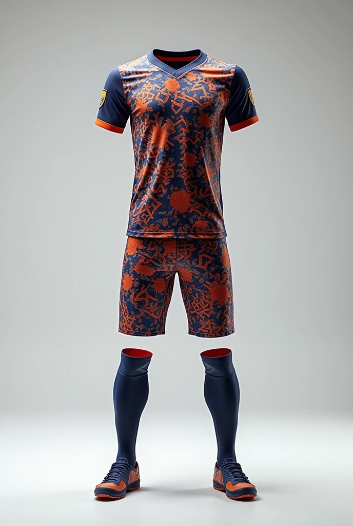 A football jersey with Unique patterns, From front, attractive, no logos, no texts, no human, only jersey with half pants