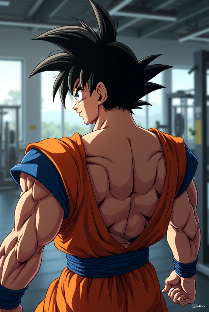 Goku training in the gym giving his back