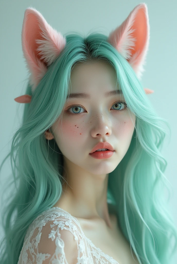 A Korean of approximately , long haired and mint colored, with mint colored eyes, with freckles on her face, a heart-shaped birthmark on her cheek, and thick, full lips, pink. With light pink wolf ears.