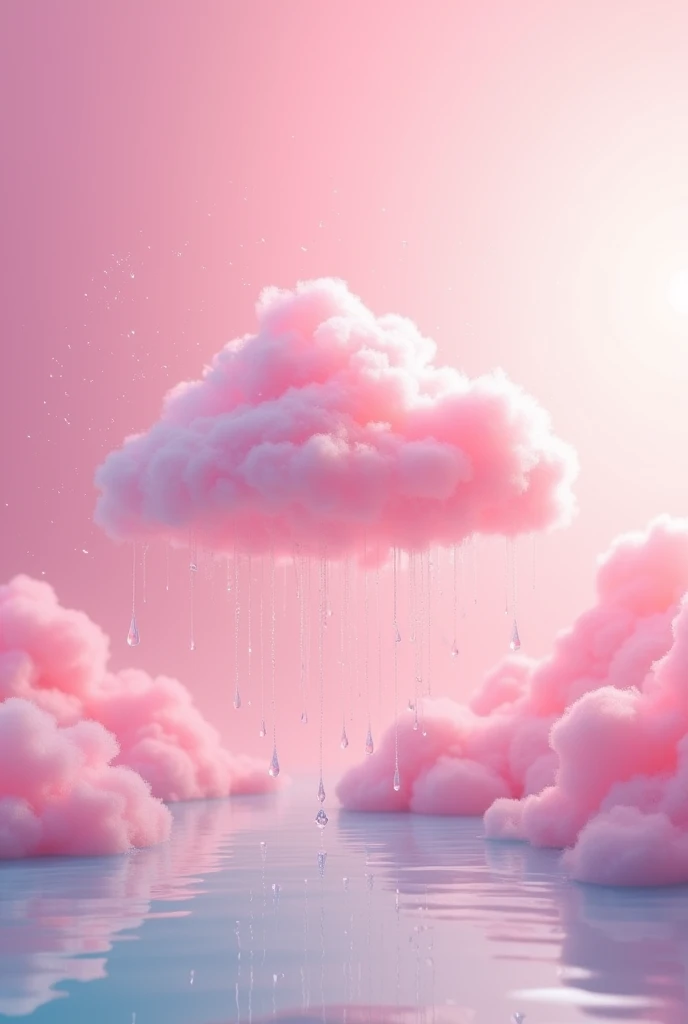 The image features a delicate pink cloud floating in a bright and vivid pink sky, surrounded by sparkling water droplets that glisten in the air. Below the cloud, a serene body of water reflects a soft blue hue, enhancing the tranquil and dreamy atmosphere. The vibrant pink background adds intensity to the scene, creating a striking and surreal visual experience that captures the essence of a dreamy, enchanting landscape.