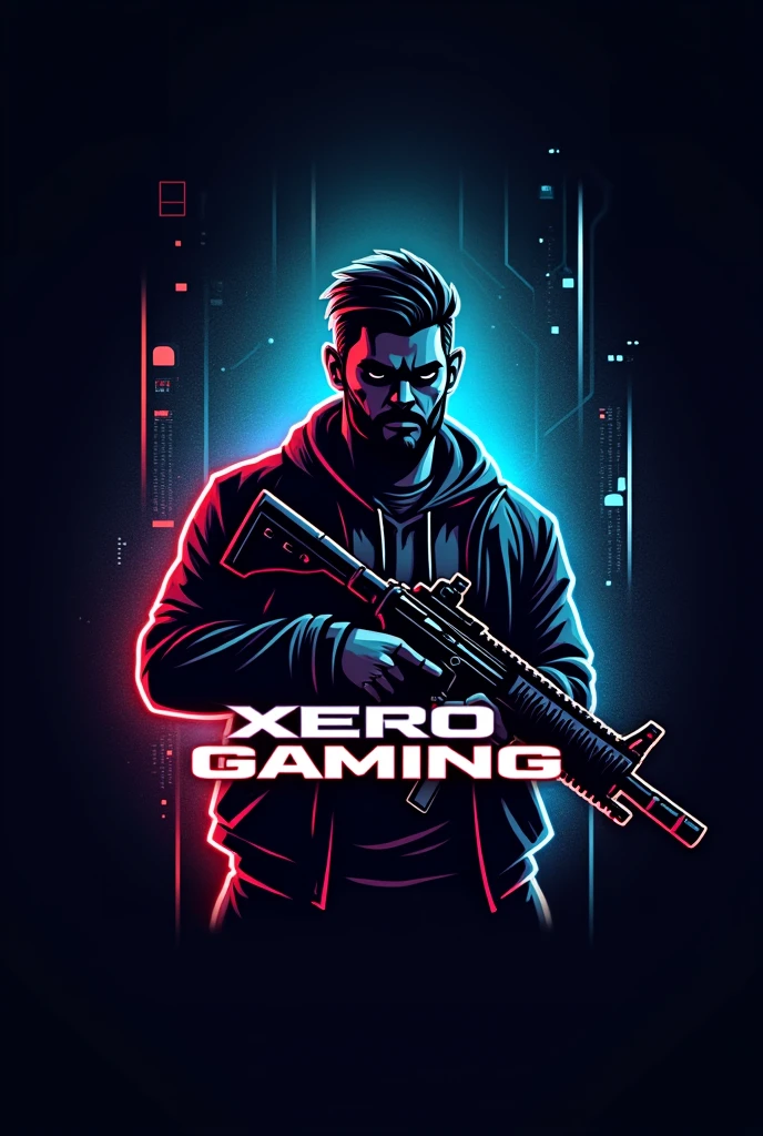 **Logo Description:**
- **Central Figure:** A dynamic, stylized silhouette of a man holding an UMP (submachine gun) in the middle of the logo. The character should have a strong, confident pose, symbolizing power and focus.
- **Background:** A subtle gaming-themed background with elements like digital circuits, pixels, or a battlefield scene, with a gradient that transitions from dark to light, enhancing the figure's prominence.
- **Text:** The channel name "Xero Gaming" should be bold and modern, positioned either above or below the central figure. The font should be futuristic or tech-inspired, with a metallic or neon finish.
- **Color Scheme:** A combination of dark and vibrant colors—think black, dark blue, and electric green or red—to convey a sense of intensity and energy.
Make the characte a bit chartoonic and use red and blue neon light as background