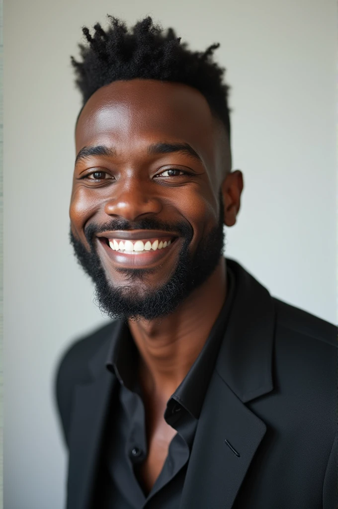 Young black man with well-groomed beard and well-cut hair,very elegant, he is looking at the camera and with a very happy expression,