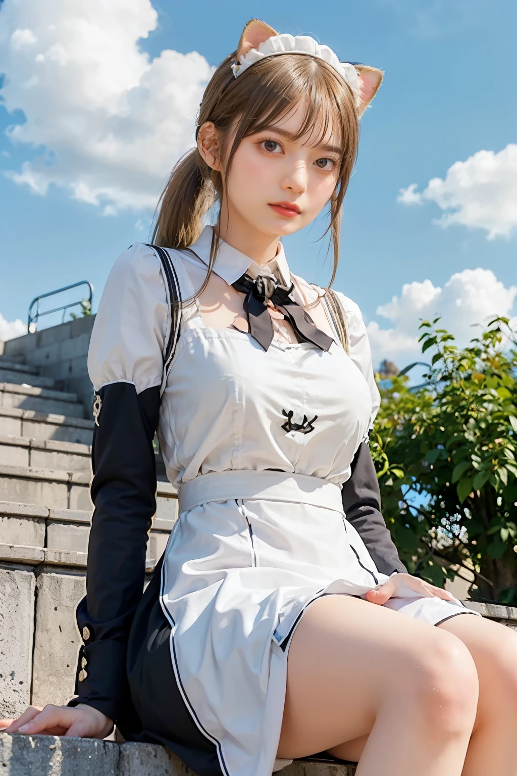 Masterpiece, 4K, bokeh, (Perfect body:1.4), (maid uniform:1.5), (Bright Blonde hair:1.5), (ponytail:1.2),(Blushed face:1.3), (Plump breast:1.2), (Sitting in stairway of train station:1.2), (Cat ears:1.3),(From below:1.5),(Sundown :1.2), (Orange beautiful sky and clouds:1.2)ソロ, 