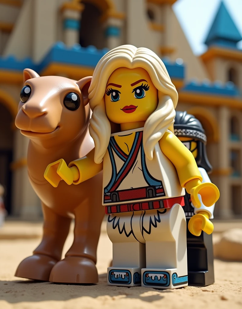 hyperealistic photo A full body shot of an attractive blonde woman leaning on a Lego camel. There is also a Lego man standing next to them in front of the Egyptian building at Legoland Günzburg, designed in the style of LEGO. They all have white and black leather with red details and blue stripes detailed face and eyes, The full-body shot was Realistic, detailed. ultra-realistic photograph captured, high-resolution quality ,detailed face, 8k