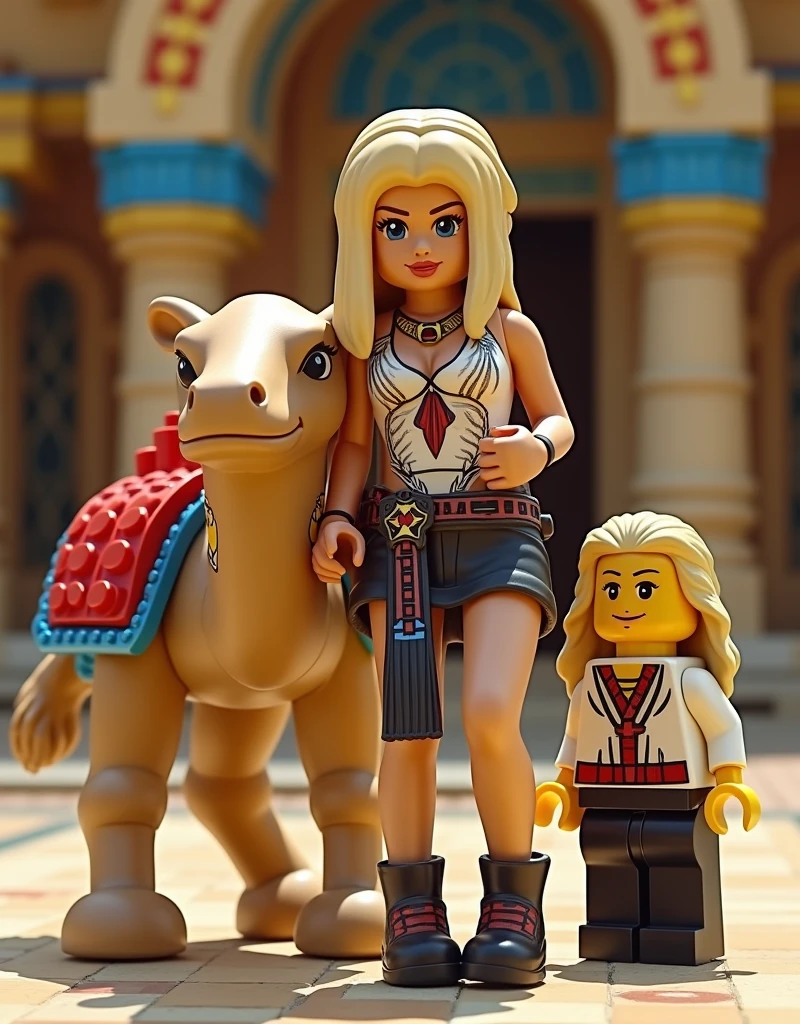 hyperealistic photo A full body shot of an attractive blonde woman leaning on a Lego camel. There is also a Lego man standing next to them in front of the Egyptian building at Legoland Günzburg, designed in the style of LEGO. They all have white and black leather with red details and blue stripes detailed face and eyes, The full-body shot was Realistic, detailed. ultra-realistic photograph captured, high-resolution quality ,detailed face, 8k