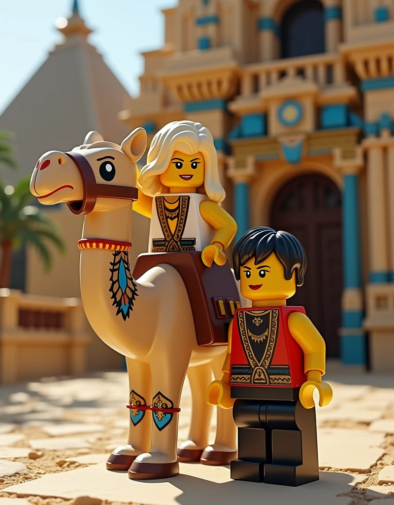 hyperealistic photo A full body shot of an attractive blonde woman leaning on a Lego camel. There is also a Lego man standing next to them in front of the Egyptian building at Legoland Günzburg, designed in the style of LEGO. They all have white and black leather with red details and blue stripes detailed face and eyes, The full-body shot was Realistic, detailed. ultra-realistic photograph captured, high-resolution quality ,detailed face, 8k