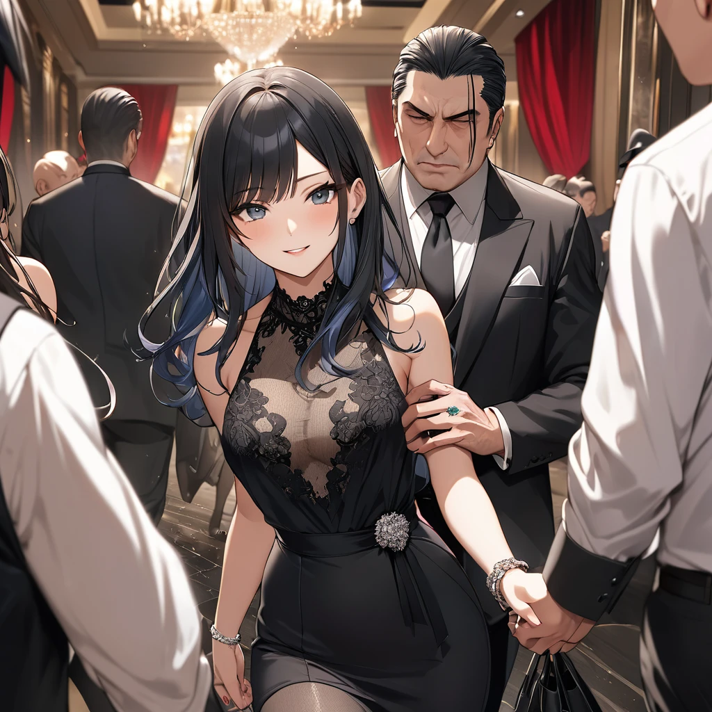 ((Highest quality)), ((masterpiece)), (detailed), (Perfect Face)、The woman is Reika Aoki, the wife of a mafia boss, with medium-long black hair and an engagement ring.、The woman is being escorted by a mafia boss at a posh party venue.、The woman is happily escorted by the mafia boss, making them seem like a happy couple.、The woman has taken on the air of a mafia boss' wife and has become a total mafia member.