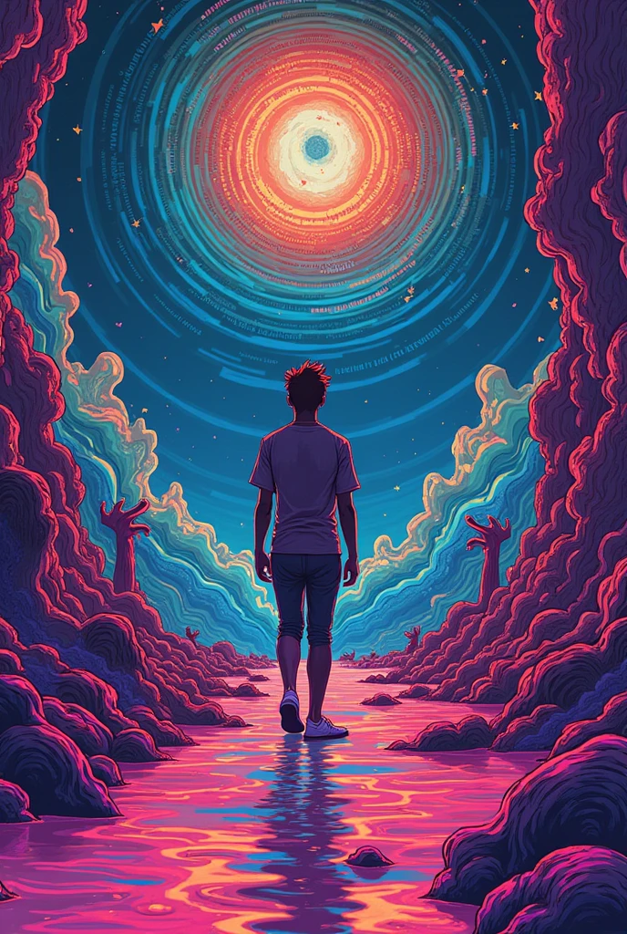 Person living new experiences, with a psychedelic theme in vibrant colors, com a escrita new experiences