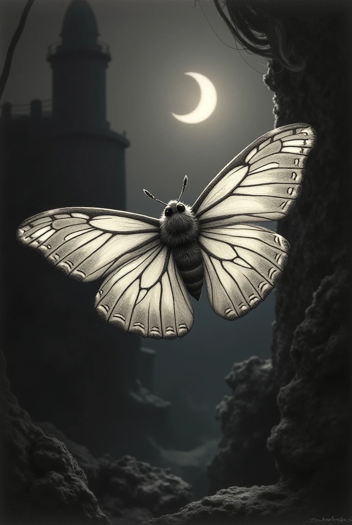 drawing of a moth in the dark