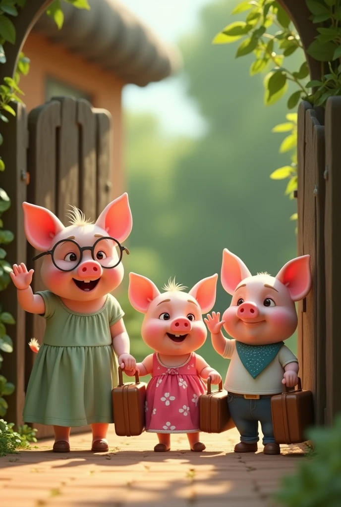 pixar style, 3d, 3 cute happy piglets and 1 mother pig. The mother pig is on the left, wearing glasses and a long dress and waving bye at the gate of the house. The three small piglets are of same height on the right side and looking at mother pig and waving bye outside the gate of the house. The piglets are carrying suitcases looking at mother pig and waving goodbye. One piglet is wearing pink dress with white flowers holding a pink suitcase, second piglet is wearing green dress with white polka dots is holding a green suitcase, third piglet is wearing white t-shirt blue jeans and a blue bandana is holding a blue suitcase, game button art, Game illustration, lovely digital painting, artstation for kids art, Official artwork, key art, mobile game art, cover game art, zootopia concept art, (soft lighting:1.3), (green and earthy color scheme:1.3), (highly detailed), (ultra quality:1.3), (masterpiece), (digital art), 8K resolution, HDR, depth of field, (soft shadows), (photorealistic:1.3), (animation:1.2), (by Greg Rutkowski:0.9), (in the style of Alphonse Mucha), trending on ArtStation, award-winning art