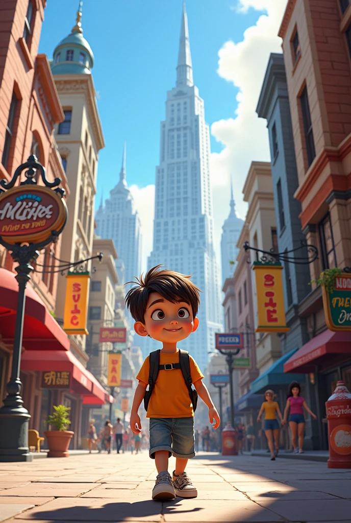a boy walking down the street in a Pixar-style city