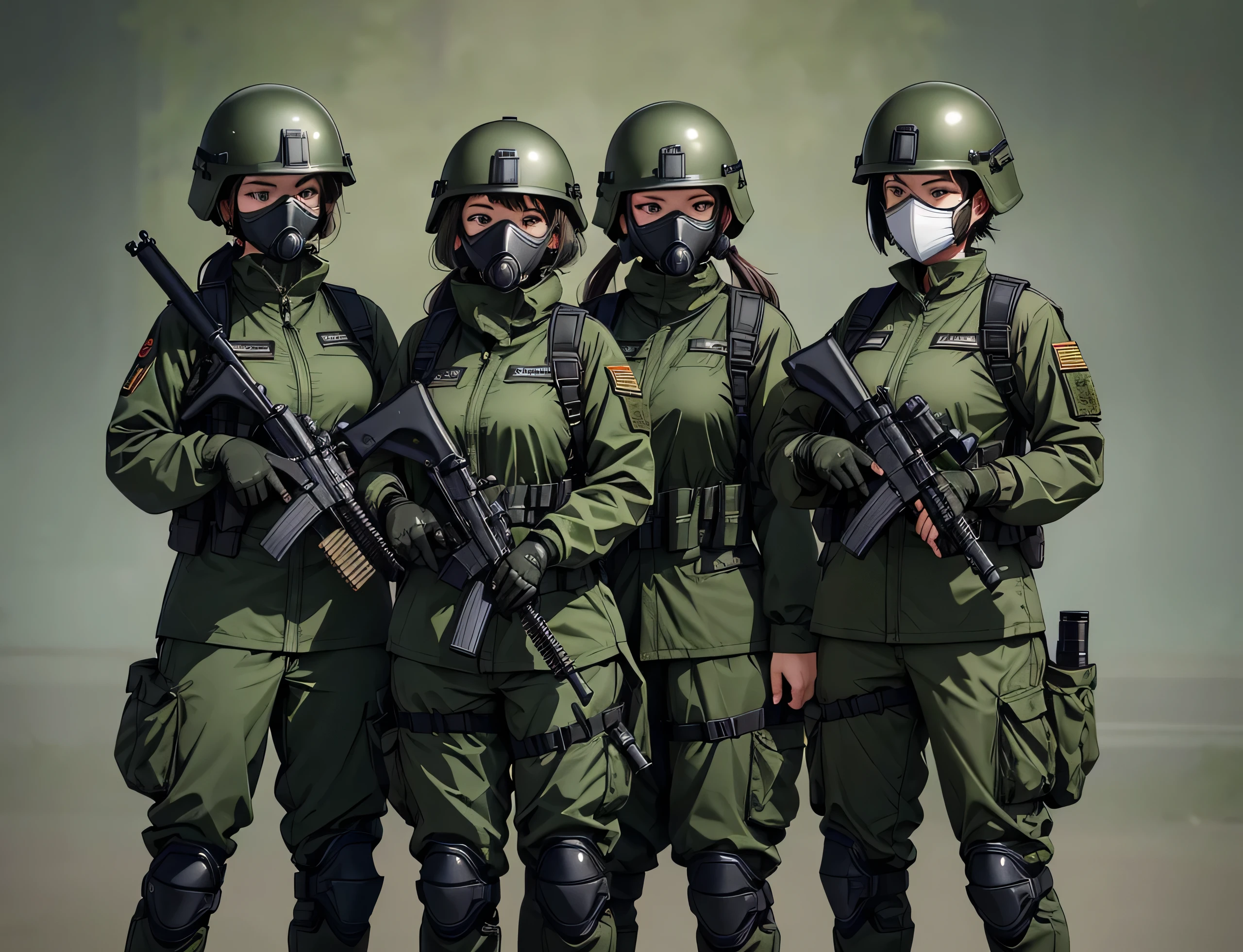 A group of female special forces soldiers wearing dark green M-51 military uniforms、Standing side by side、Wear a steel helmet、Wear goggles、wearing gas masks、Individual equipment set、Knee pads、Write details、masterpiece、best quality、Highly detailed CG、8K picture quality