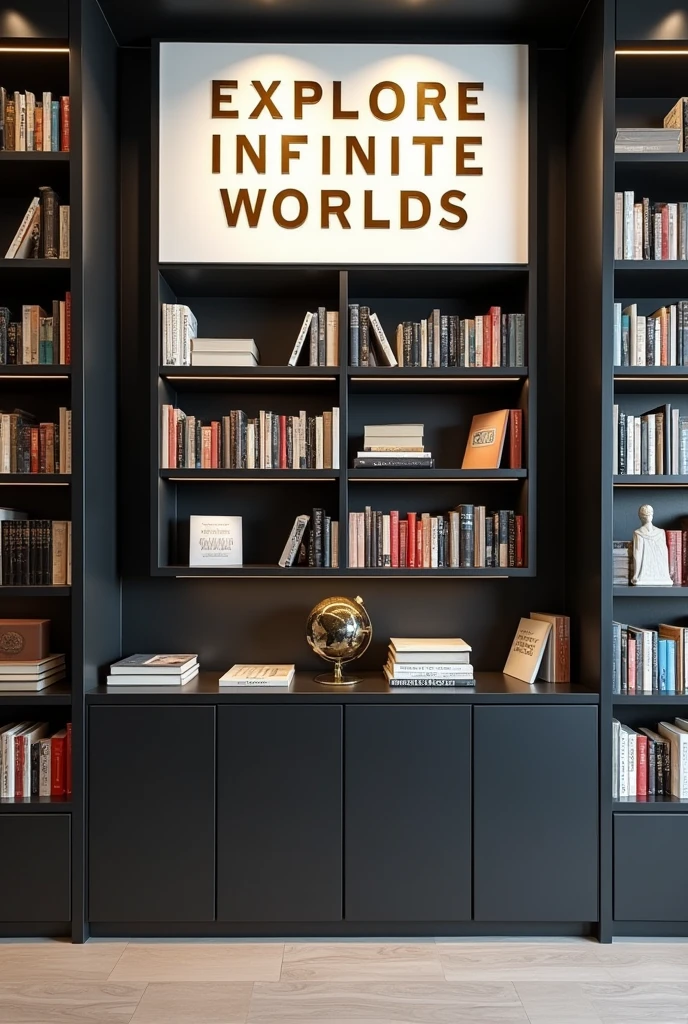 Create a 300 x 1920 px image of a modern bookcase and black wooden shelving, At the top add a white sign and gold letters, On the poster add the following text:
Istanbul Bookstore
"Explore infinite worlds at the best price: Your next book is waiting for you here."