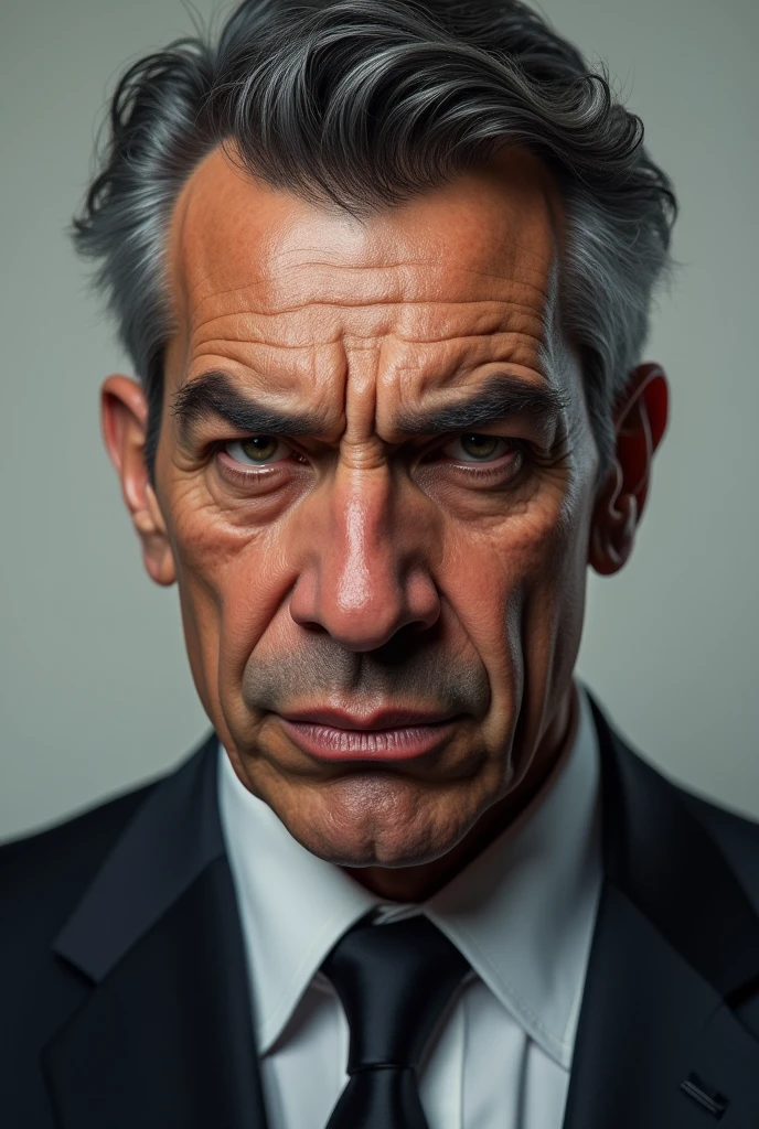 Generate an image of businessman Pablo Marçal looking straight ahead with an angry expression