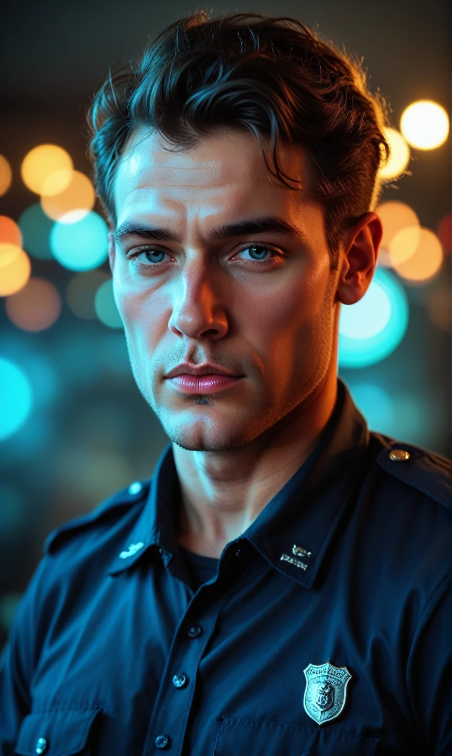 (best quality, masterpiece, highest detailed), (photorealistic:1.2), raw photo, professional portrait, Cyborg male, t-800 terminator , terminator, in police uniform, (vibrant color), (intricate details), exposure blend, bokeh, dim light, ( hdr:1.4 ), high contrast, (muted colors, dim colors, soothing tones:1.3), low saturation, morbid