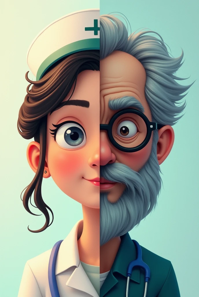 artistic/ animated one sided half face of a nursing student and a half face of aphilosopher