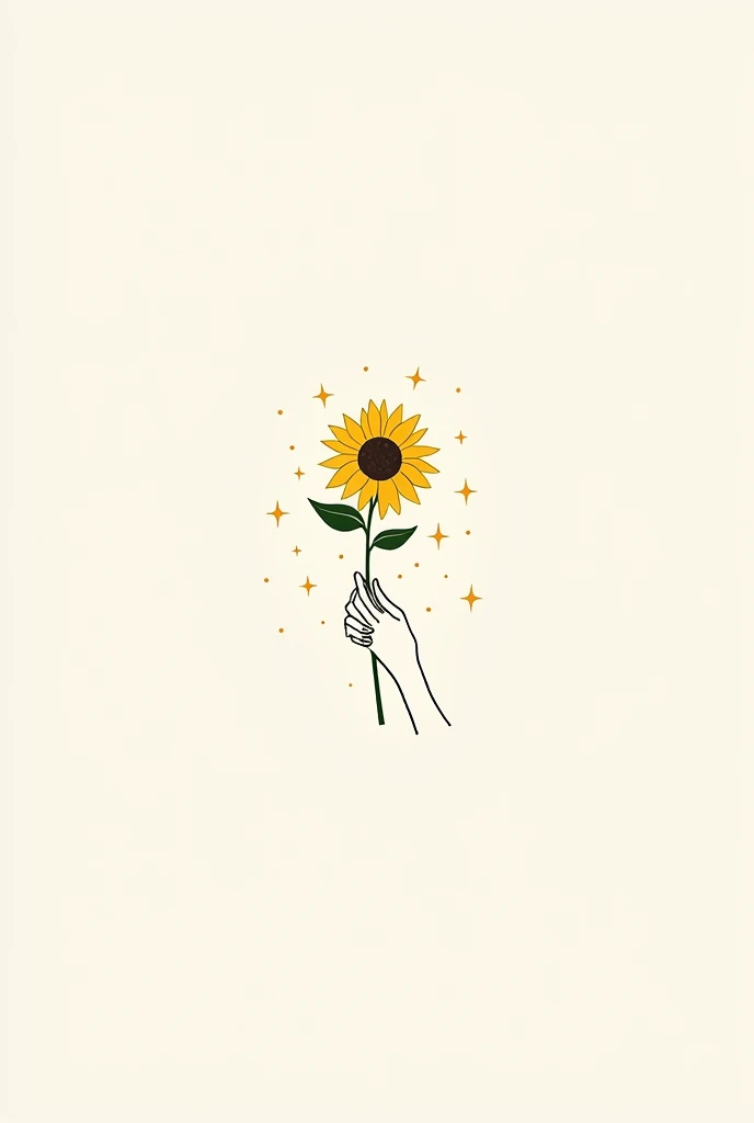 Draw 2d logo of female hand holding a sunflower branch with sparkling stars around in Minimalism style ( Use only single strokes and no shading.)