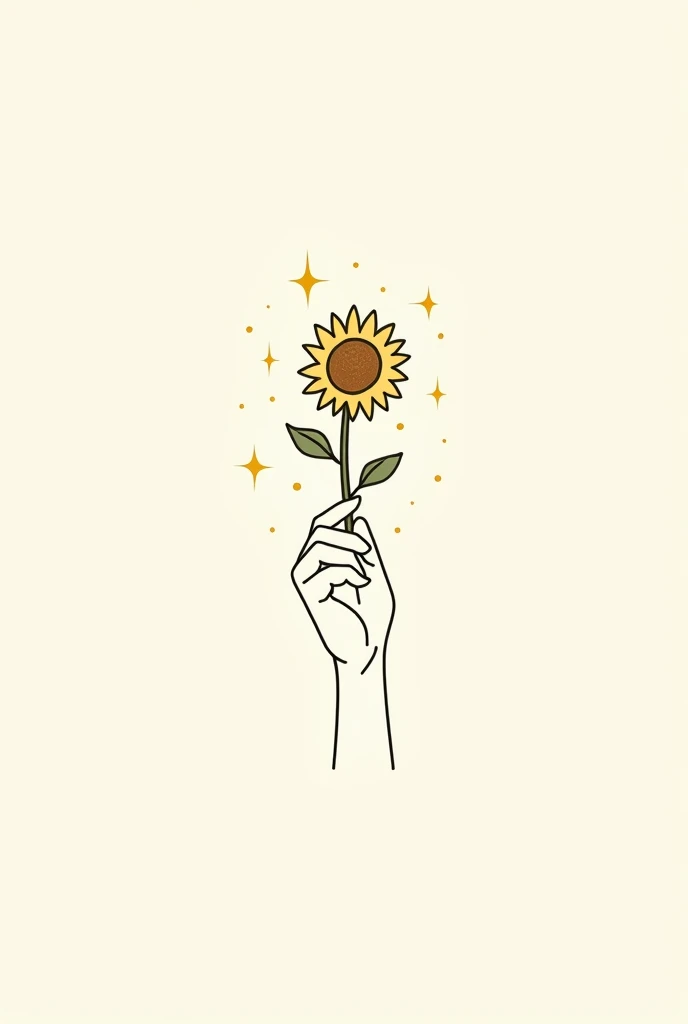 Draw 2d logo of female hand holding a sunflower branch with sparkling stars around in Minimalism style ( Use only single strokes and no shading.)