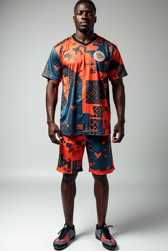 A football jersey with Unique patterns, From front, attractive, no logos, no texts, no human, only jersey with half pants