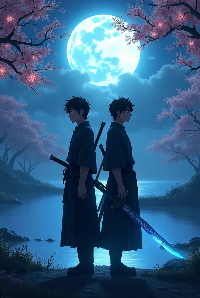 Akira and Kaidō stand back-to-back, gazing out at a serene, moonlit lake. The surrounding trees are adorned with glowing, ethereal cherry blossoms, symbolizing their eternal bond. Akira's sword, infused with a soft, blue glow, rests against his shoulder, while Kaidō's eyes burn with a fierce, inner light. Their figures are silhouetted against the misty, dreamlike landscape, evoking a sense of timeless connection and harmony."
How do you like it, my brother? Would you like me to add or change any details?
This is now please generate
Both of them are boy with a enormous aura