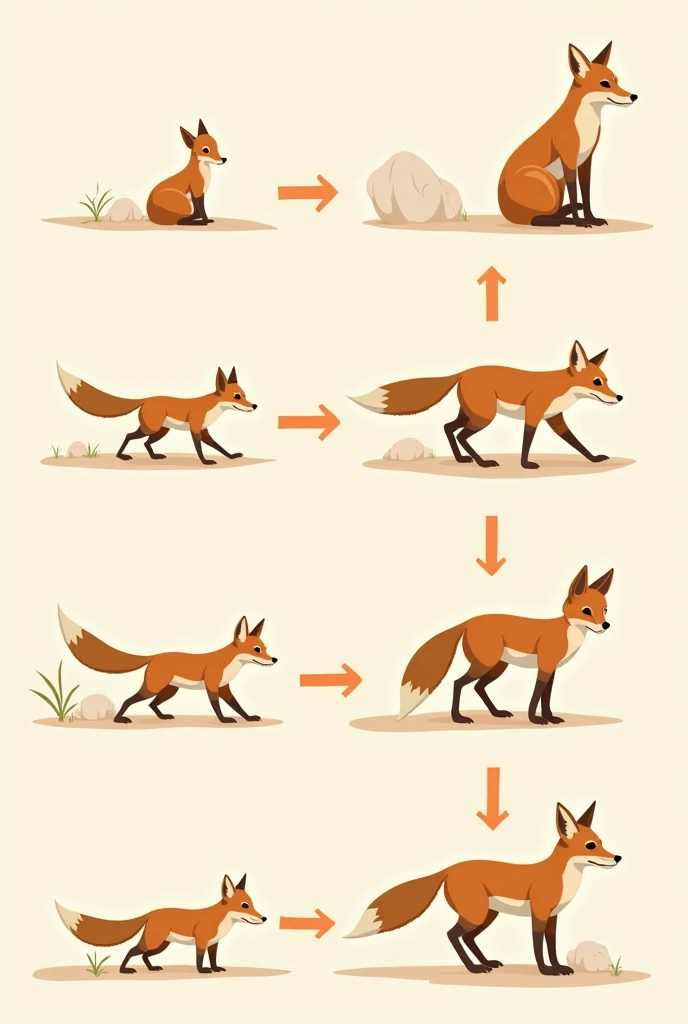 Create an image of the metamorphosis of the Sechura fox, indicating with arrows its process from birth and how it develops until adulthood with images of how it grows. 

