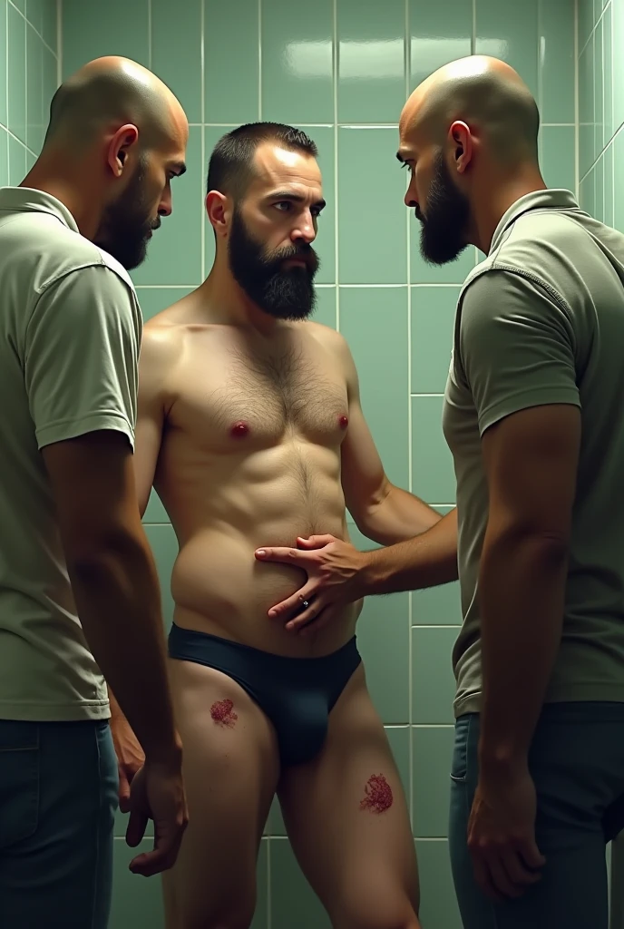 A thin white man with short black hair, hairy and with a trimmed beard in a public bathroom, in white underwear, large surgical cut on right thigh and belly, showing his scars to two bald white men wearing jeans and a shirt, who touch and feel your body, looking closely and curiously at his scars.