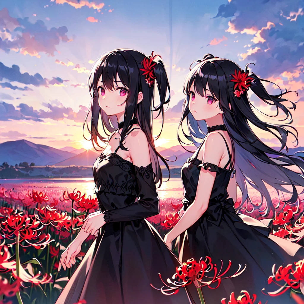 masterpiece, best quality, high quality, extremely detailed, very delicate and beautiful, (1 female 1adult solo:1.5), (two side up long black hair:1.5), bangs to eyebrows, eyes Eyes: 1.5), (Two side up black hair long:1.5), Eyebrows: 1.5), Eyes: 1.3), (Eye color: Magenta), 6.5 head height, (Black gothic dress: 1.3), Lace, Frill, (Standing), (Dynamic pose), (Sad expression), (Red spider lily flower field: 1.3), (sunset:1.3)