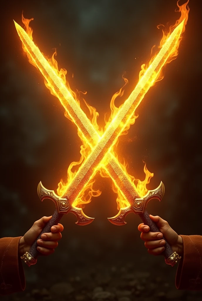 Two flaming golden swords crossed without hands