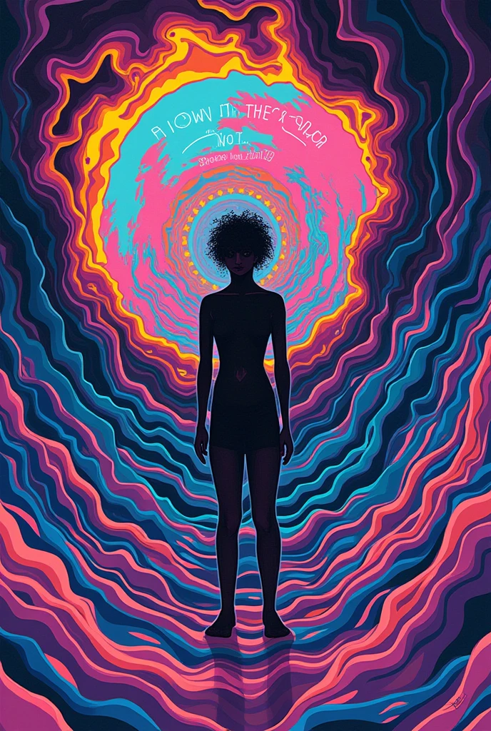 Person living new experiences, with a psychedelic theme in vibrant colors, com a escrita new experiences